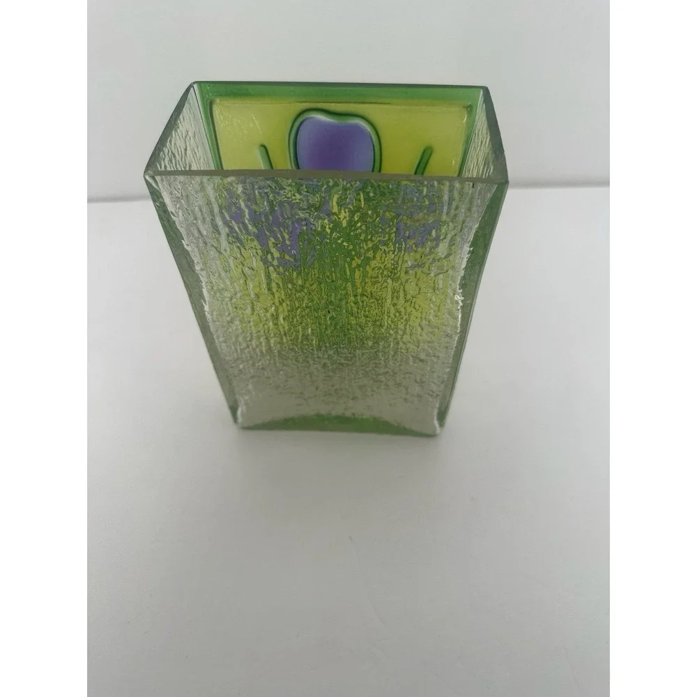 Art Nouveau Glass Block Stain Glass Bud Vase Vessel Purple Iris Romania 1985 7